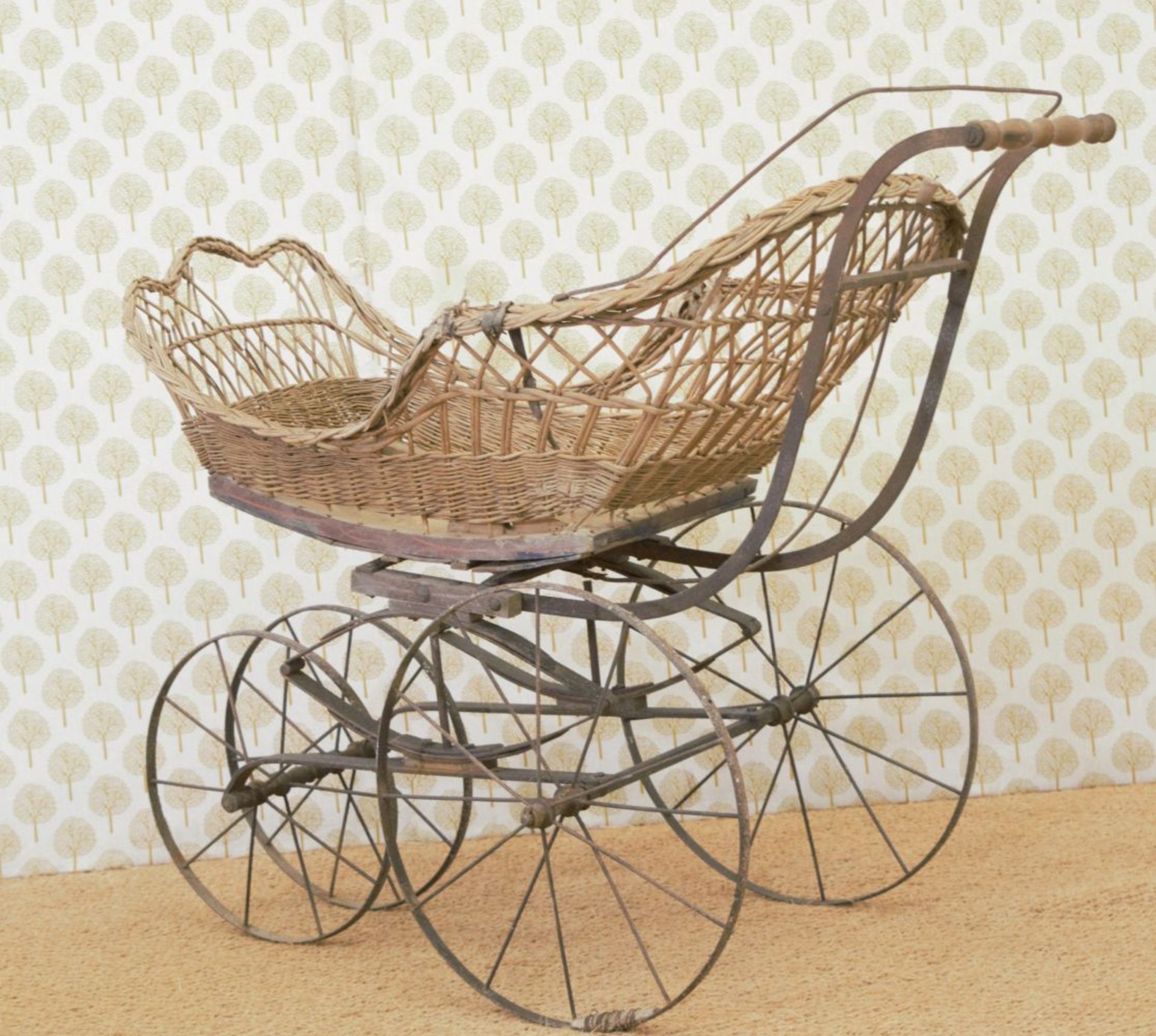 EARLY 19TH-CENTURY 4-WHEEL WICKER & IRON CHILD'S PRAM - Image 2 of 3