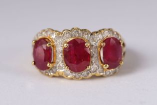 18K YELLOW GOLD 3 STONE RUBY & DIAMOND RING