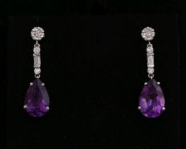 18K WHITE GOLD, AMETHYST & DIAMOND DROP EARRINGS