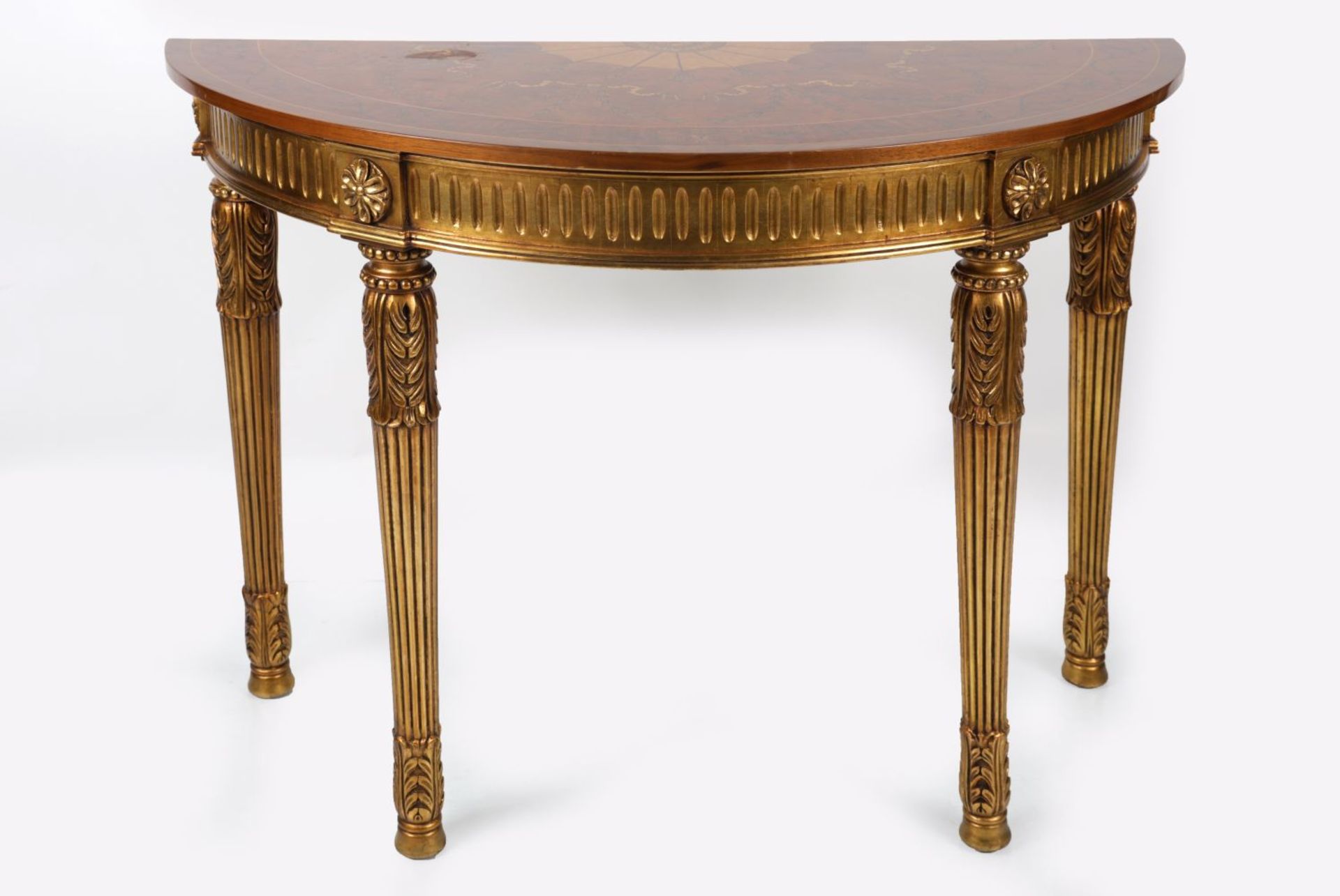 GEORGE III STYLE MARQUETRY & GILT CONSOLE TABLE