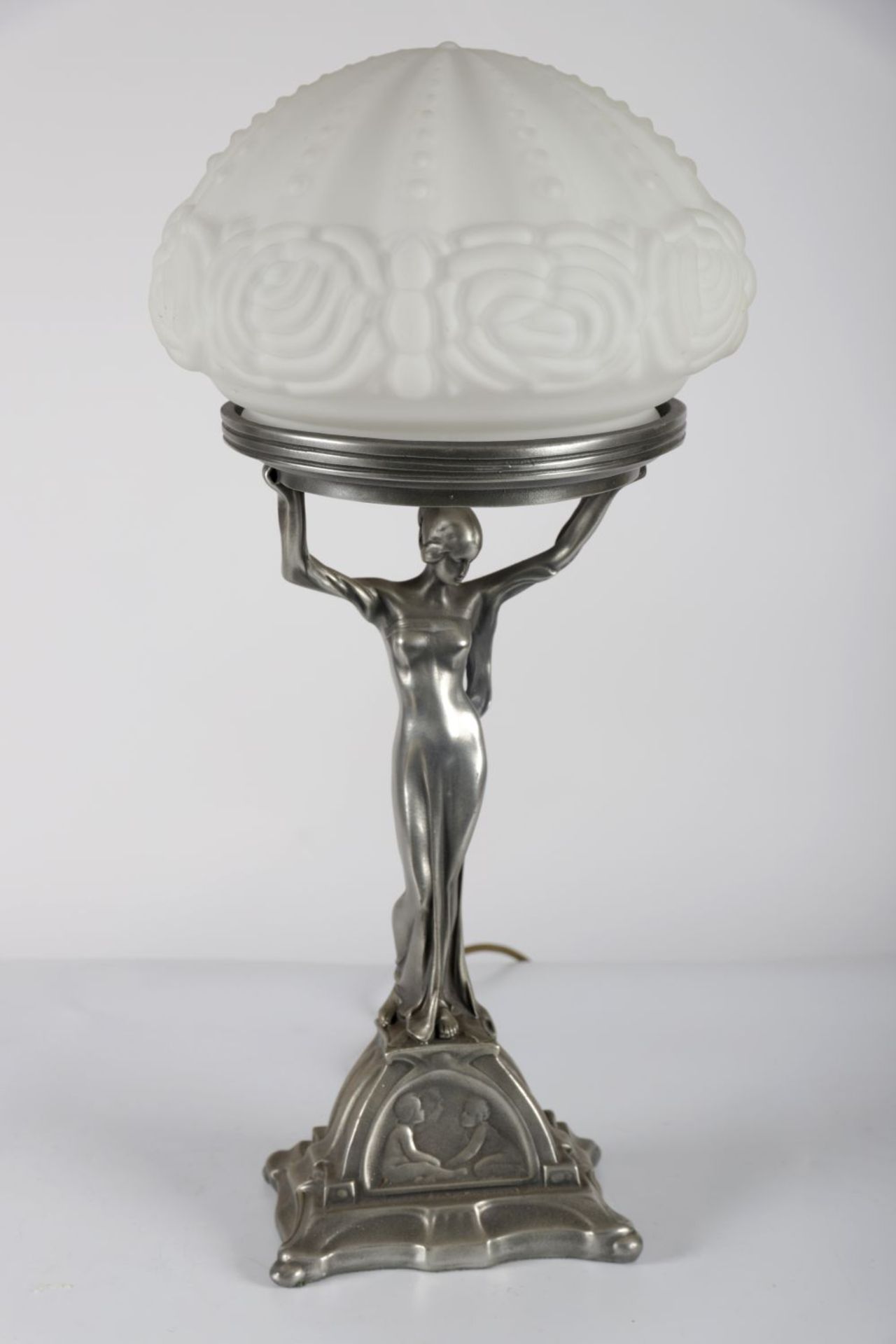 PAINTED GLASS & CHROME FIGURE-STEMMED TABLE LAMP