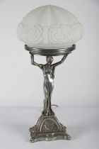 PAINTED GLASS & CHROME FIGURE-STEMMED TABLE LAMP
