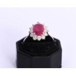 18K WHITE GOLD BURMESE RUBY & DIAMOND CLUSTER RING