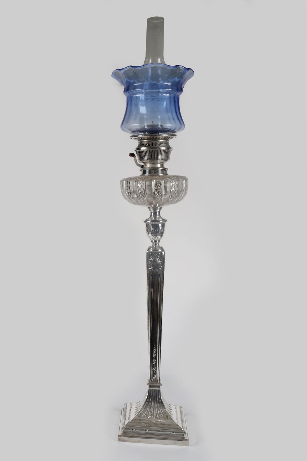 VICTORIAN SILVER-STEMMED OIL LAMP