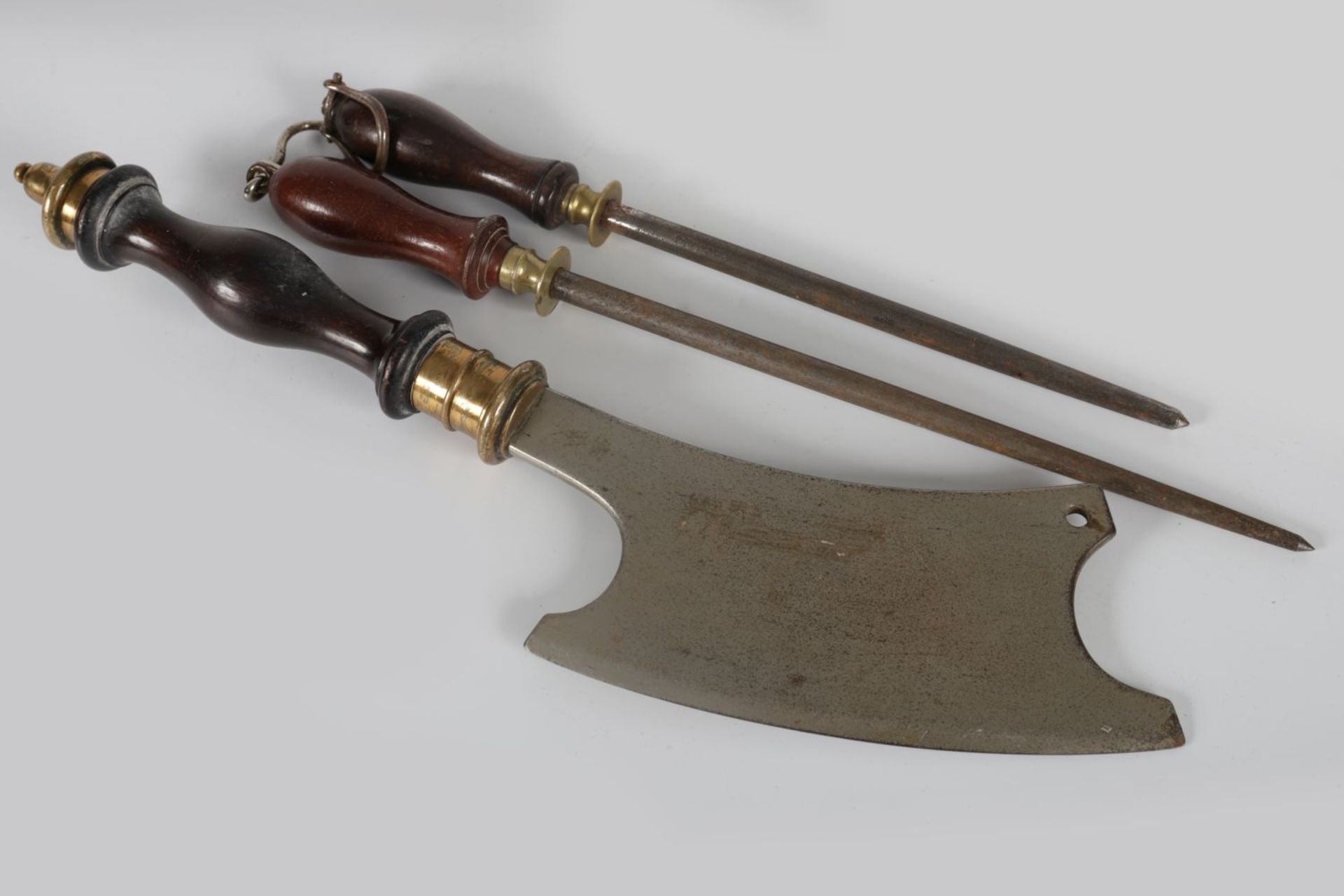 19TH-CENTURY BUTCHER'S AXE AND SHARPENERS