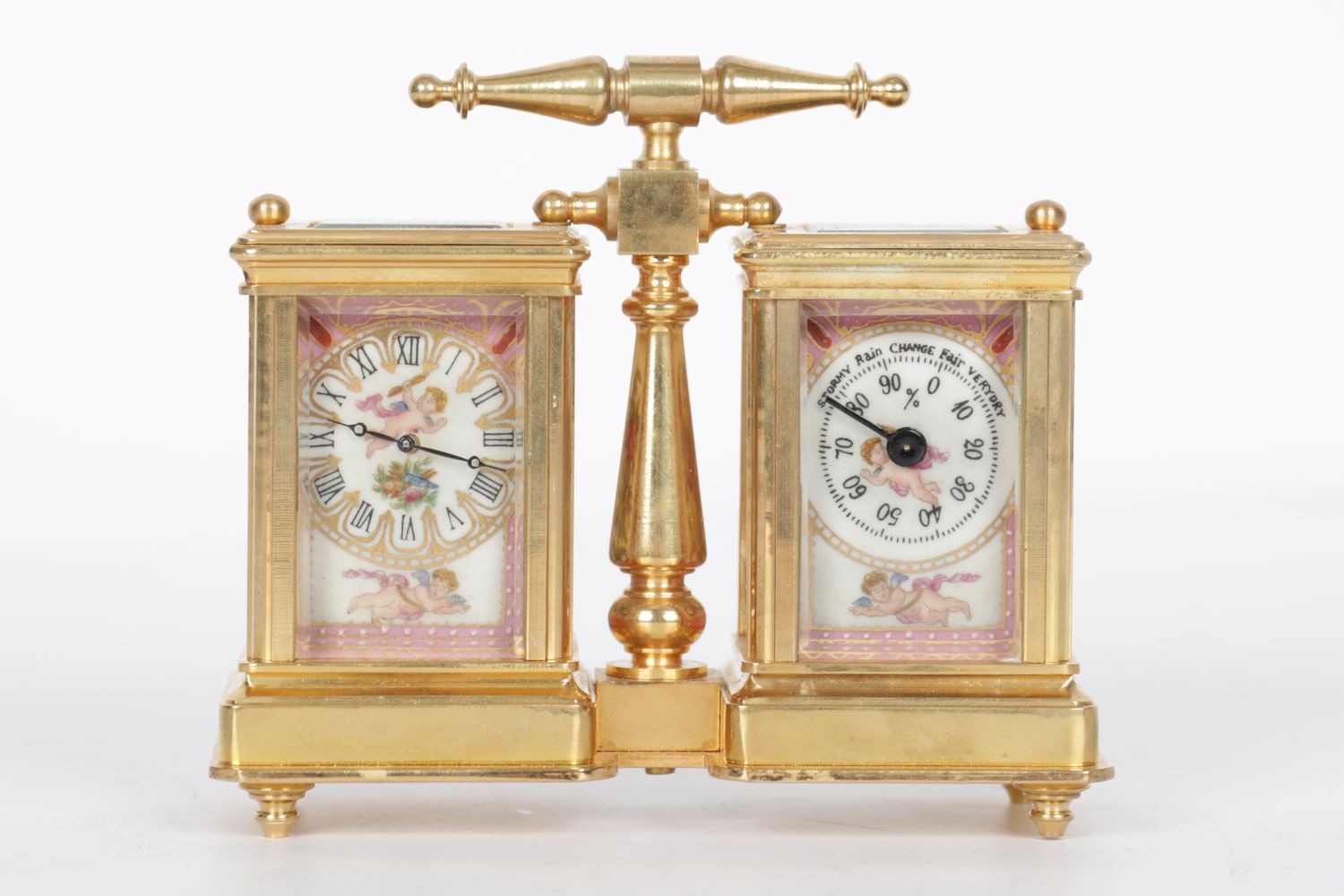 DUAL BRASS & ENAMELLED CARRIAGE CLOCK & BAROMETER