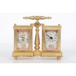 DUAL BRASS & ENAMELLED CARRIAGE CLOCK & BAROMETER