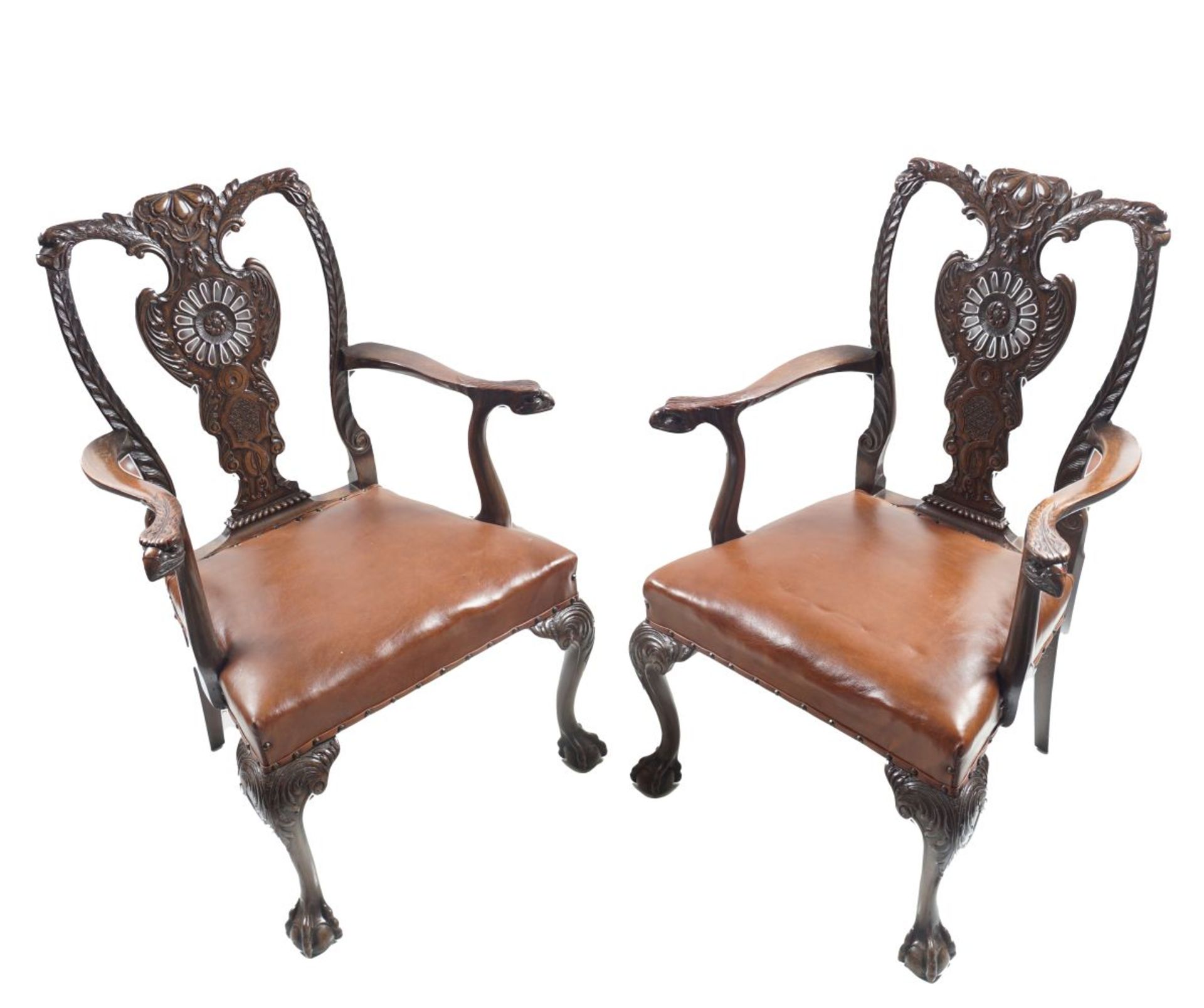 PAIR DUBLIN CARVED MAHOGANY ELBOW CHAIRS