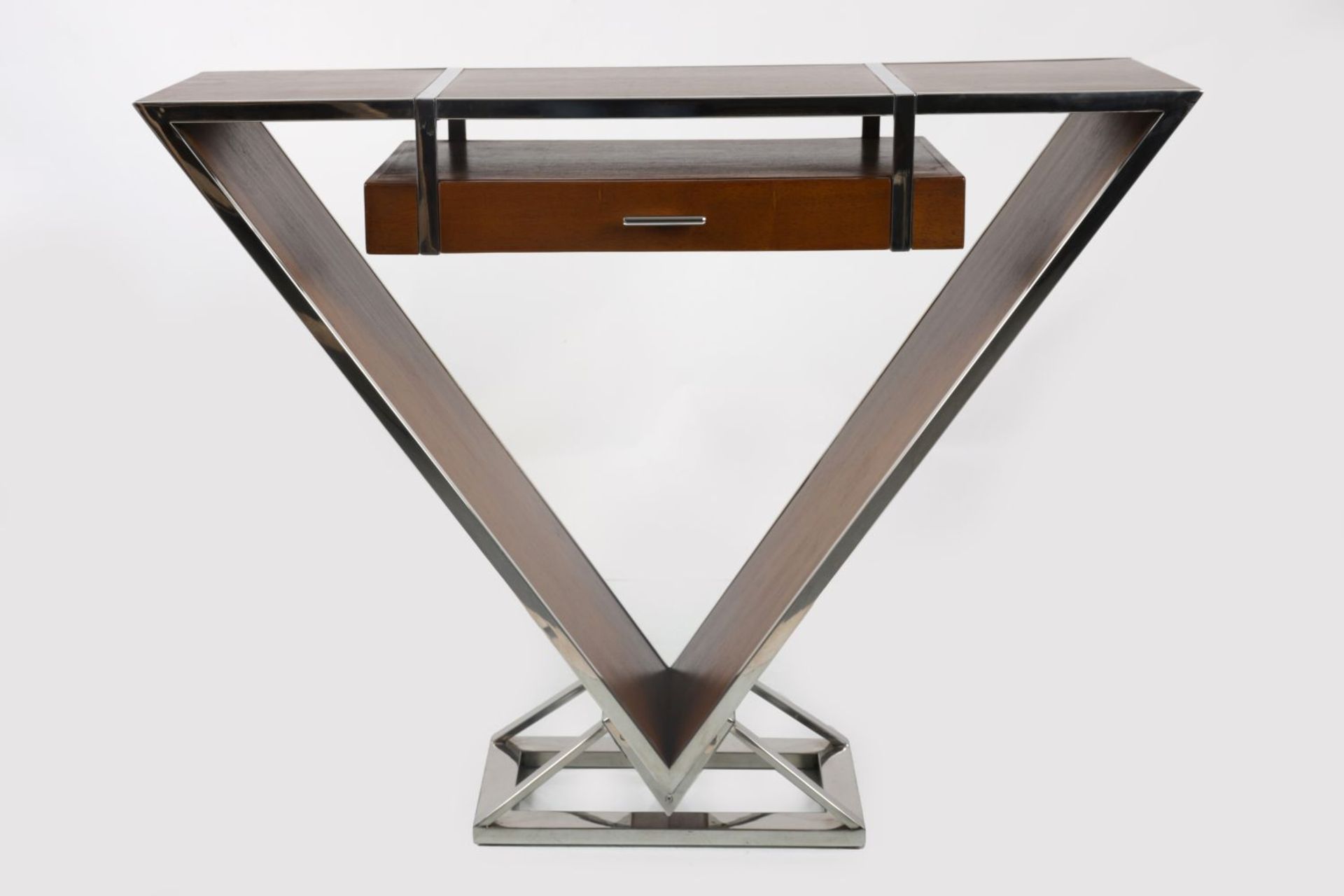 DESIGNER CHERRYWOOD & CHROME CONSOLE TABLE