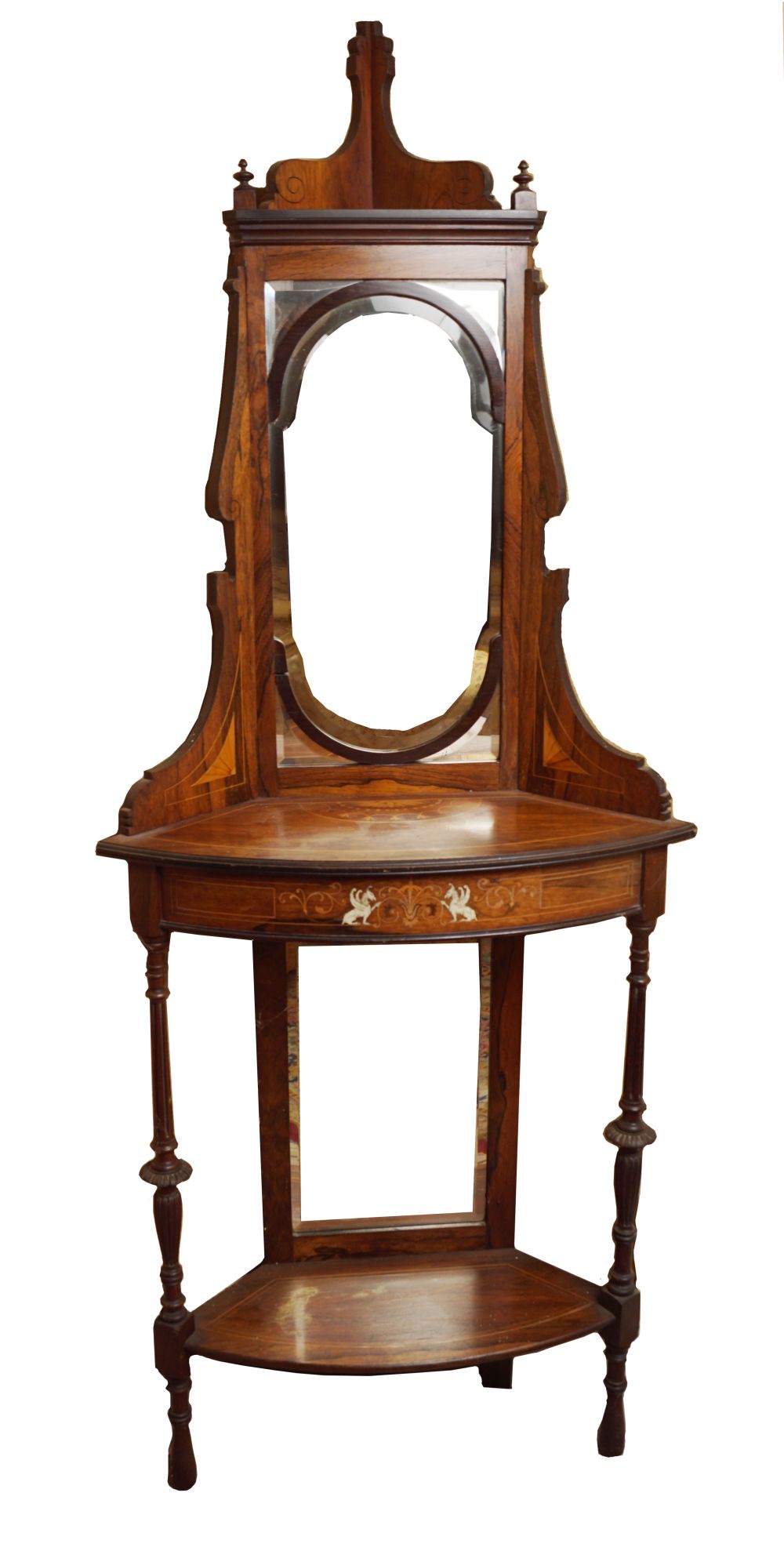 EDWARDIAN ROSEWOOD & MARQUETRY CORNER PIECE