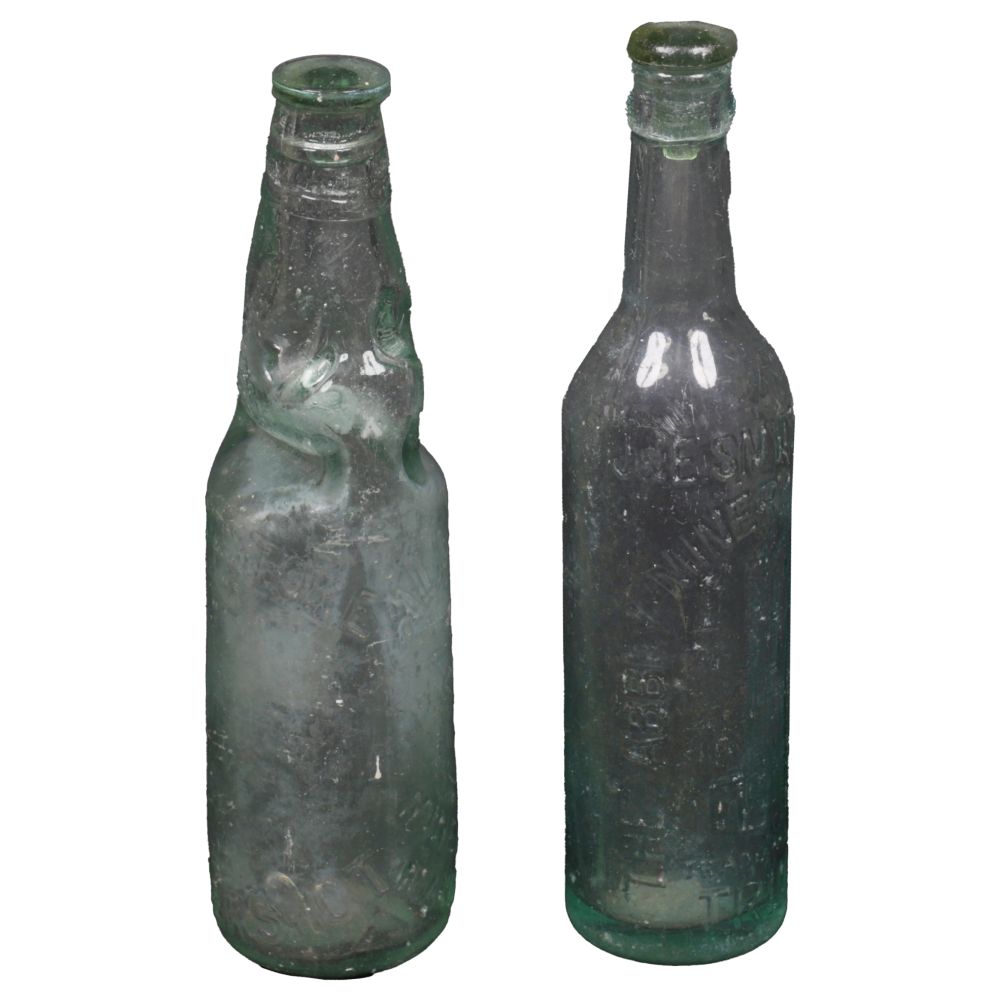 2 GREEN GLASS BOTTLES