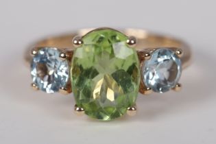 9K GOLD PERIDOT & AQUAMARINE RING