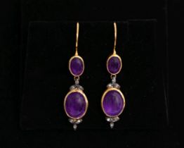 9K GOLD, AMETHYST & DIAMOND DROP EARRINGS