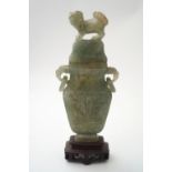 CHINESE QING GREEN JADE URN AND COVER