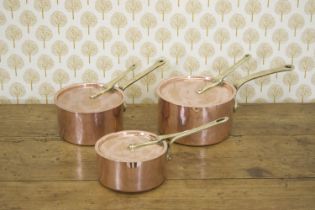 SET 3 GEORGIAN COPPER & BRASS GRADUATED SAUCEPANS