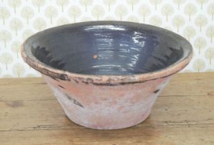 LARGE BLACK GLAZED POTTERY DAIRY BOWL