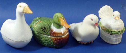 Three duck tureens and a pottery dove mallard, 26cm