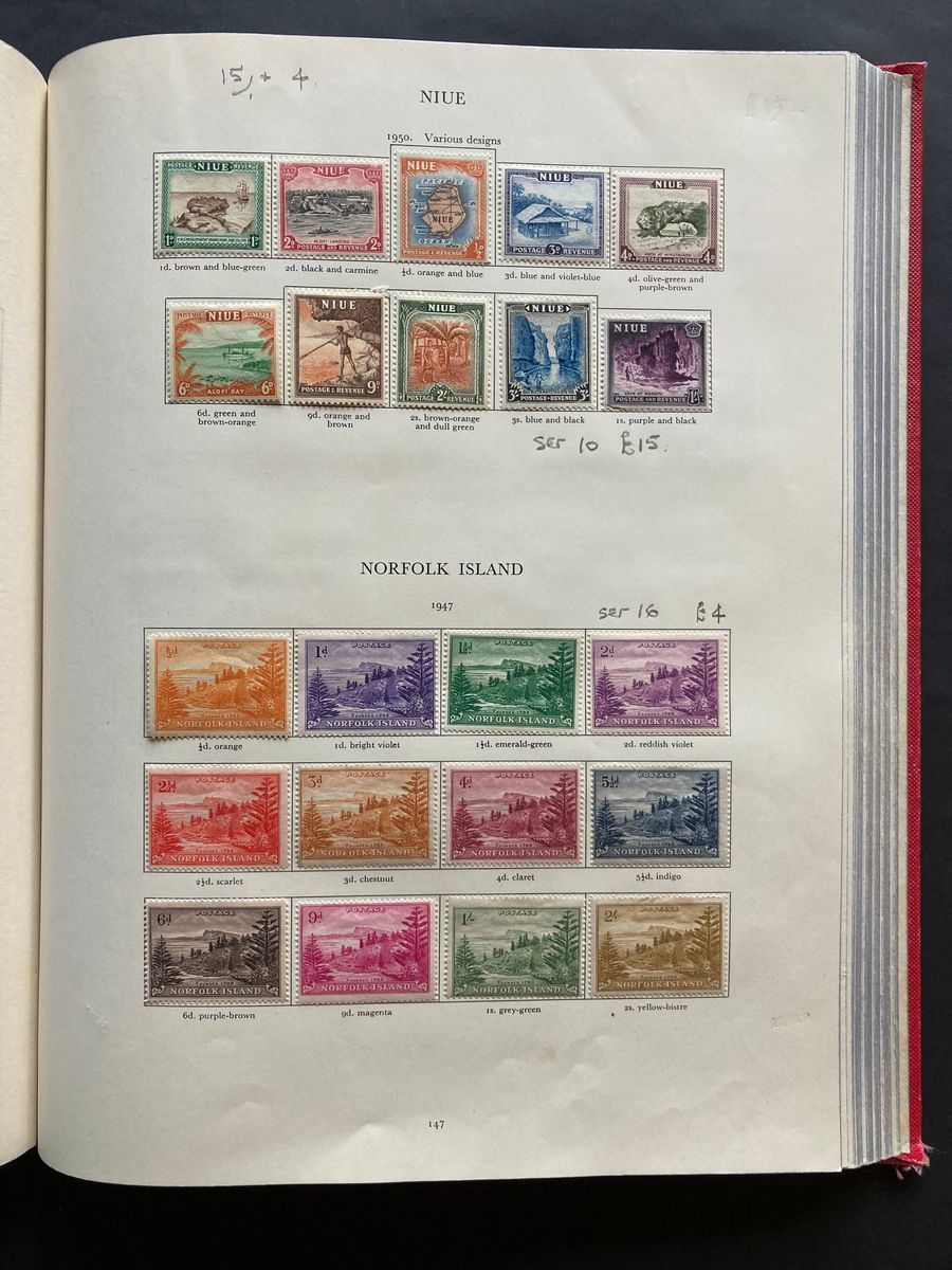 Red Stanley Gibbons KGVI stamp album of mint definitives, commemoratives, officials and postage due, - Image 13 of 19