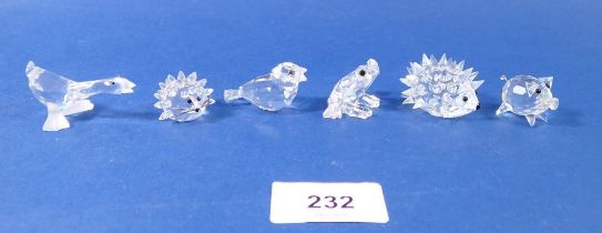 A group of Swarovski glass anamls: goose, hedgehog 4cm, frog, pig, hedgehog, 25cm - all boxed