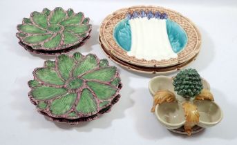 Four purple and green leaf dishes and two Asparagus dishes, 25cm plus an egg stand