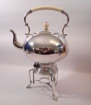 A silver plated kettle on stand with ivory handle and finial, 40cm tall, Ivory Certification