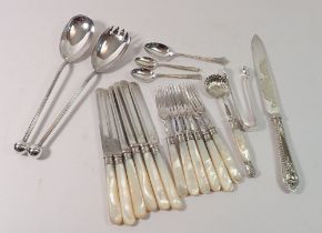 A Victorian silver plated and mother of pearl fish cutlery set, a pair of silver plated salad