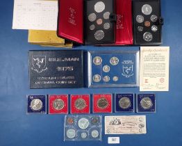 A miscellaneous box of coins including Isle of Man sterling silver decimal coin set 1975 limited