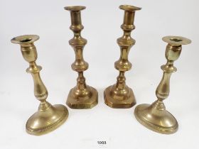 Two pairs of brass candlesticks, tallest 28cm