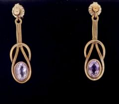 A pair of 9 carat gold Art Nouveau style earrings by Ortak, 3.3g, 3cm drop