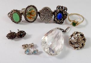 Three silver rings and various costume jewellery