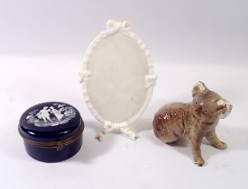 A blue porcelain trinket box with enamel decoration, an oval menu stand with Victorian