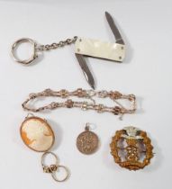 A group of jewellery etc including silver bracelet, silver cameo brooch, cap badge 9ct gold ring