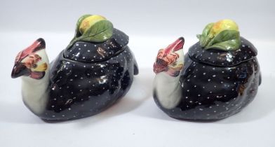 Two black partridge form tureens, 20cm