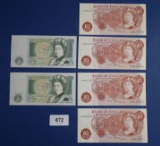 Six Bank of England banknotes including Ten Shilling notes x 4 J.S Fforde consecutive serial numbers