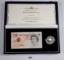 A Royal Mint issue 2002 Golden Jubilee silver proof crown and £10 banknote set with COA limited to