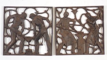 Two iron wall plaques decorated Blacksmiths and Steel Works, 14.5cm square