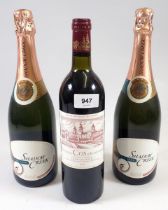 A group of three bottles of vintage wine - two Shadow Creek sparking wine 1986, one Chateau Cos D'