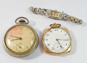 An Accurist marcasite cocktail watch, a gold plated pocket watch and a Westclox pocket watch