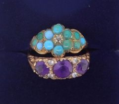 A Victorian turquoise ring set chip diamond on unmarked gold band a/f, size L and a Victorian 9