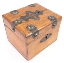 An oak and metal mounted money box - no key, 9.5 x 7 x 8.5cm