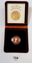 An Elizabeth II 1981 gold proof sovereign, leather case, Cond: Unc