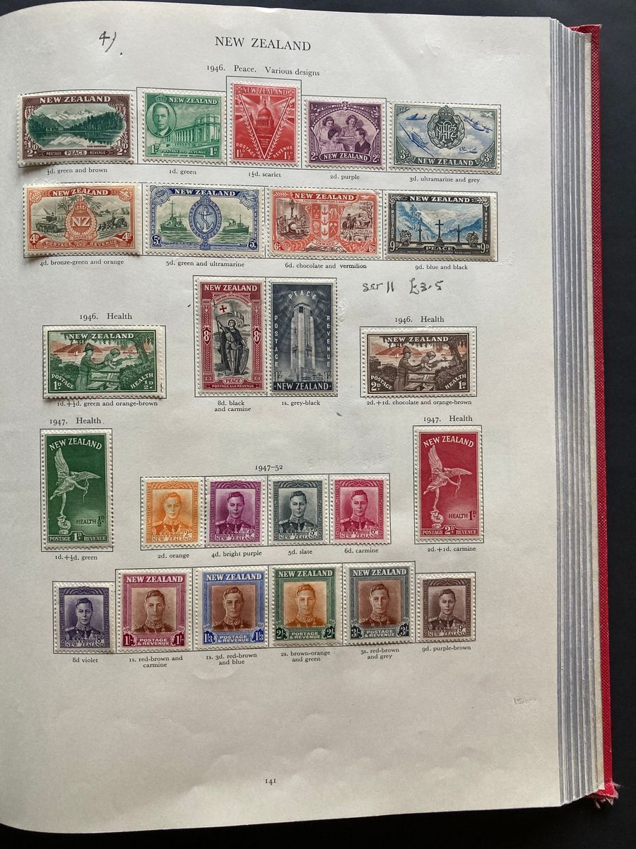 Red Stanley Gibbons KGVI stamp album of mint definitives, commemoratives, officials and postage due, - Image 11 of 19
