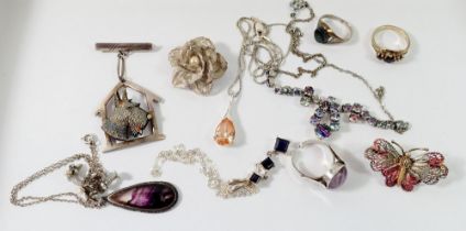A selection of vintage and later silver jewellery to include Blue John necklace, butterfly brooch,