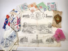 A collection of scarves including Manchester Jubilee Exhibition 1887, Royalty etc.