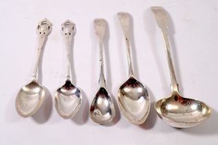 A collection of four various silver spoons, 75g including Georgian Newcastle sauce ladle, maker TW