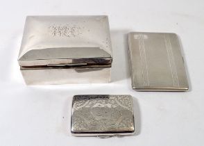 A silver clad cigarette box and two silver cigarette cases, cases 258g