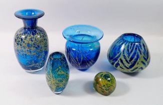 Four Medina blue glass vases and paperweight, tallest 18cm