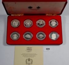 An Elizabeth II 1977 Silver Jubilee set of eight silver proof crowns in Spink & Son Ltd presentation