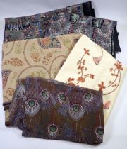 A box of good quality upholstery fabrics plus Chinese silk embroidery and William Morris fabric