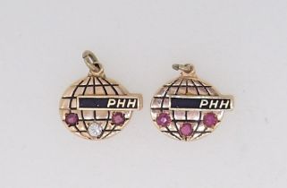Two 14ct gold PHH diamond and ruby charms, Birmingham 1989, by TK & S, 5.7g
